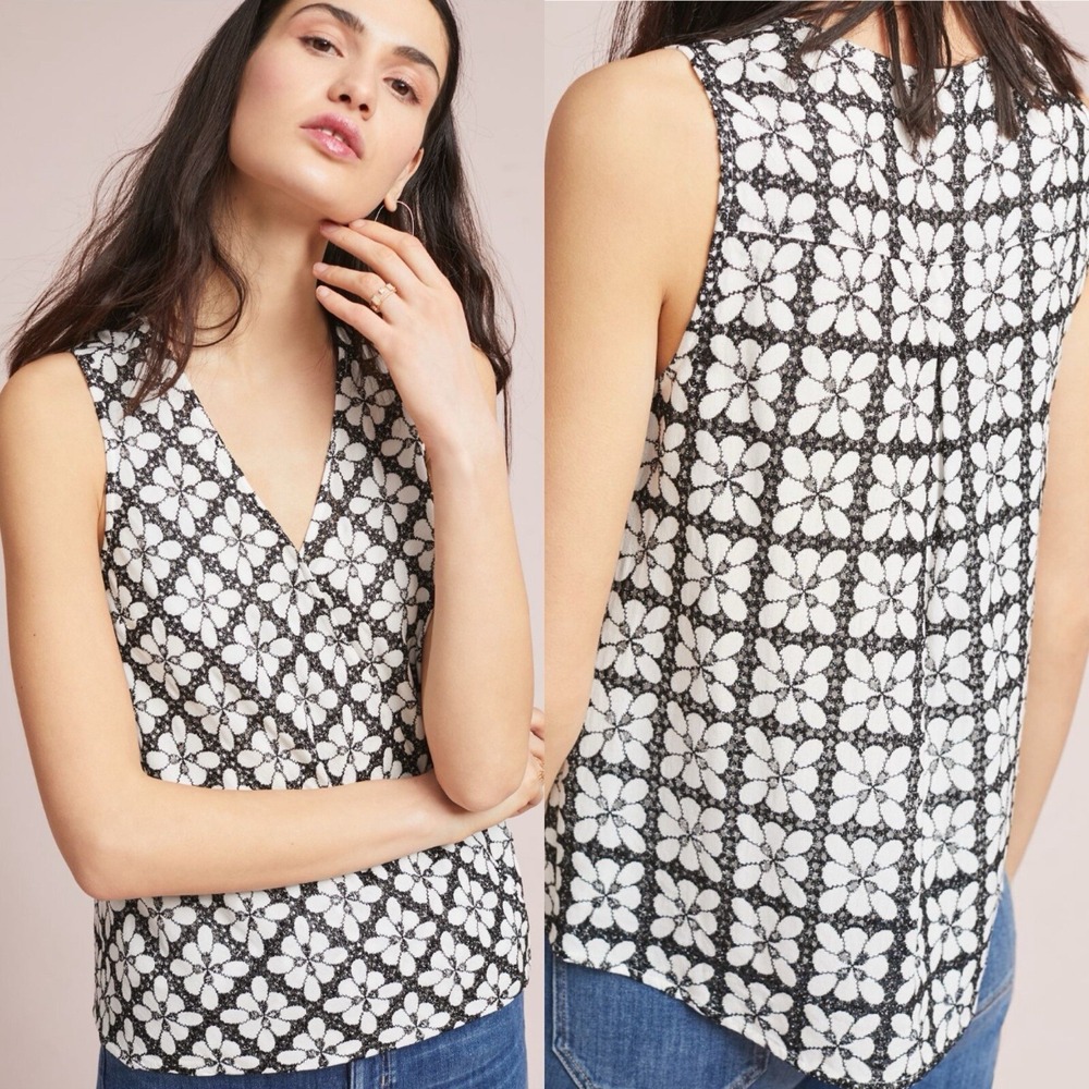 Maeve Anthropologie Coralie Black White Floral Lace Surplice Top Blouse Size 0